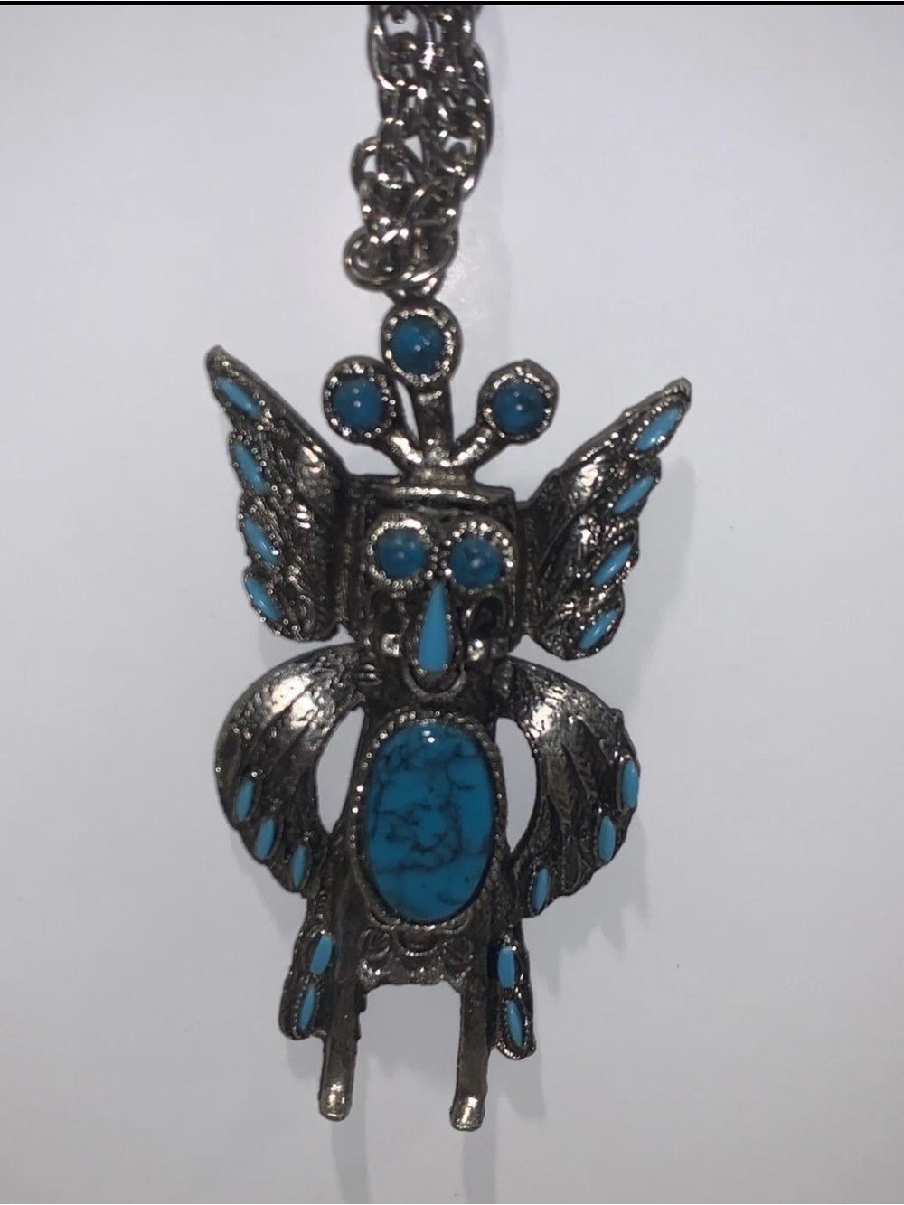 Vintage Silvertone Native Kachina Dancer Faux Turquoise Necklace Chain Pendent